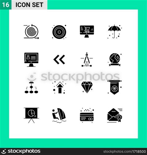 Group of 16 Solid Glyphs Signs and Symbols for internet, wet, video, weather, beach Editable Vector Design Elements