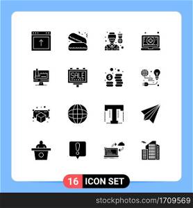 Group of 16 Solid Glyphs Signs and Symbols for monitore, computer, pilot, pharmacy, laptop Editable Vector Design Elements