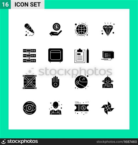 Group of 16 Solid Glyphs Signs and Symbols for server, event, dollar, diamond, strategy Editable Vector Design Elements