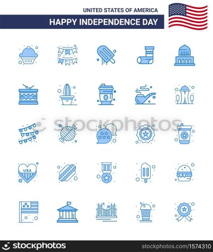 Group of 25 Blues Set for Independence day of United States of America such as city; gift; icecream; festivity; celebration Editable USA Day Vector Design Elements