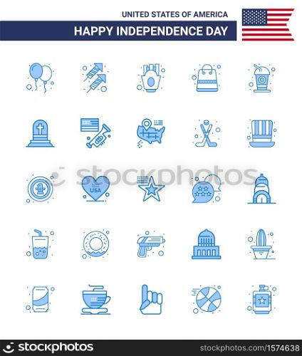 Group of 25 Blues Set for Independence day of United States of America such as cola; shop; chips; packages; bag Editable USA Day Vector Design Elements
