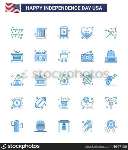 Group of 25 Blues Set for Independence day of United States of America such as fire; usa; star; love; american Editable USA Day Vector Design Elements