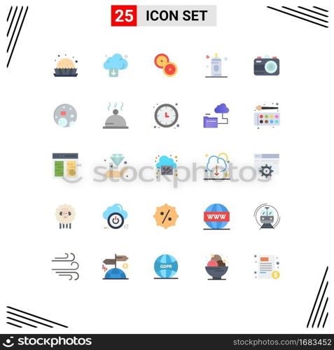 Group of 25 Flat Colors Signs and Symbols for moon, photo, coins, camera, baby Editable Vector Design Elements