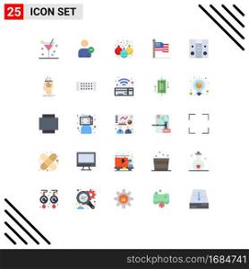 Group of 25 Flat Colors Signs and Symbols for music, boom box, ball, usa, flag Editable Vector Design Elements