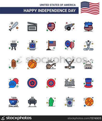 Group of 25 Flat Filled Lines Set for Independence day of United States of America such as security; sign; protection; shield; war Editable USA Day Vector Design Elements