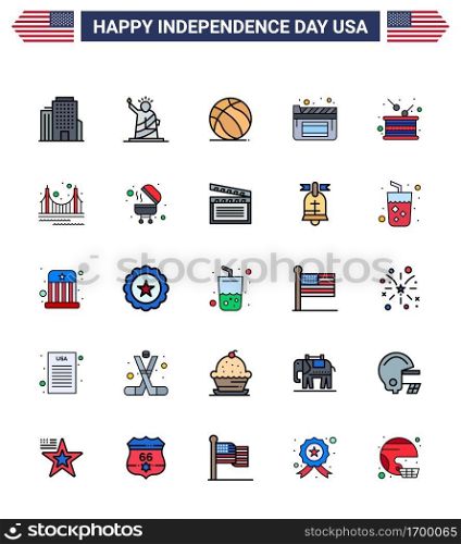 Group of 25 Flat Filled Lines Set for Independence day of United States of America such as holiday  day  football  film  cinema Editable USA Day Vector Design Elements