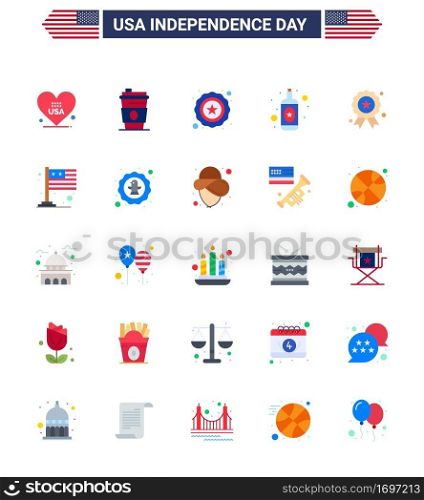 Group of 25 Flats Set for Independence day of United States of America such as medal; independece; police; holiday; bottle Editable USA Day Vector Design Elements