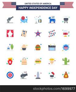 Group of 25 Flats Set for Independence day of United States of America such as symbol  american  location pin  donkey  bottle Editable USA Day Vector Design Elements