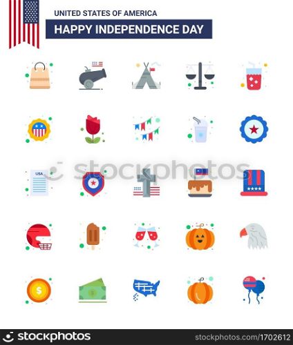 Group of 25 Flats Set for Independence day of United States of America such as drink  scale  tent free  law  court Editable USA Day Vector Design Elements