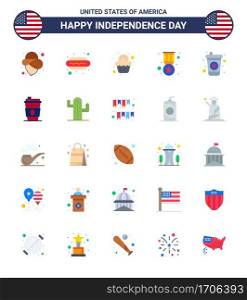 Group of 25 Flats Set for Independence day of United States of America such as soda  beverage  party  military  badge Editable USA Day Vector Design Elements