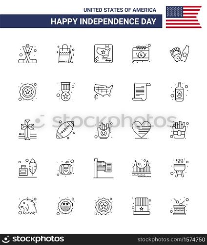 Group of 25 Lines Set for Independence day of United States of America such as bottle; date; american; calendar; world Editable USA Day Vector Design Elements