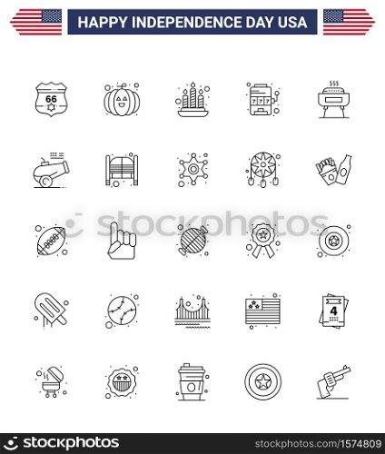 Group of 25 Lines Set for Independence day of United States of America such as holiday; celebration; fire; barbeque; slot Editable USA Day Vector Design Elements