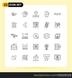 Group of 25 Modern Lines Set for moustache, hand watch, receiver, watch, location Editable Vector Design Elements