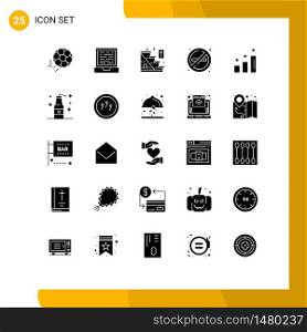 Group of 25 Modern Solid Glyphs Set for analysis, no smoke, direction, place, fire Editable Vector Design Elements