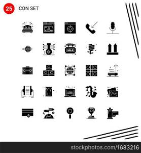 Group of 25 Modern Solid Glyphs Set for audio, outgoing, profile, mobile, target Editable Vector Design Elements