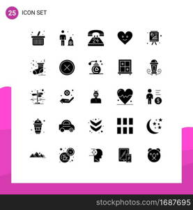 Group of 25 Modern Solid Glyphs Set for business report, blackboard, communication, analytics, heart Editable Vector Design Elements