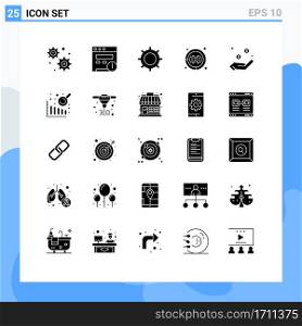 Group of 25 Modern Solid Glyphs Set for data analysis, hand, setting, dollar, charity Editable Vector Design Elements