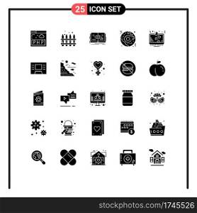 Group of 25 Modern Solid Glyphs Set for lcd, display, book, food, pizza Editable Vector Design Elements
