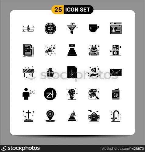 Group of 25 Modern Solid Glyphs Set for page, basic, filter, coffee, cup Editable Vector Design Elements