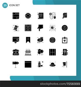 Group of 25 Modern Solid Glyphs Set for research, mouse, document, grid, global Editable Vector Design Elements