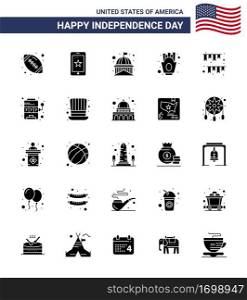 Group of 25 Solid Glyph Set for Independence day of United States of America such as american day  fries  building  french fries  white Editable USA Day Vector Design Elements