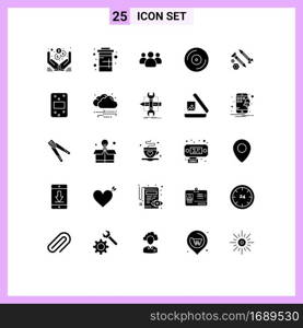 Group of 25 Solid Glyphs Signs and Symbols for building, studio, water, dvd, team Editable Vector Design Elements