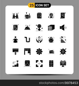 Group of 25 Solid Glyphs Signs and Symbols for document, ribbon, report, quality badge, business Editable Vector Design Elements