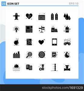 Group of 25 Solid Glyphs Signs and Symbols for experiment, store, calendar, shops, house Editable Vector Design Elements
