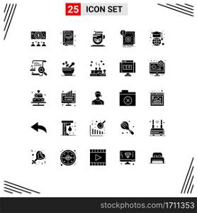 Group of 25 Solid Glyphs Signs and Symbols for globe, education, tea, alert, infrastructure Editable Vector Design Elements