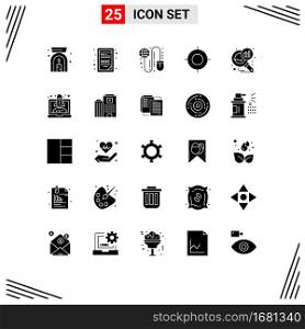 Group of 25 Solid Glyphs Signs and Symbols for graph magnifying, data analyzing, grid, travel, location Editable Vector Design Elements