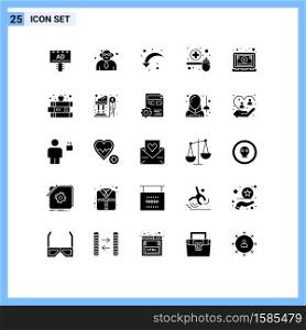 Group of 25 Solid Glyphs Signs and Symbols for online, scoop, reload, medicine, feeding Editable Vector Design Elements