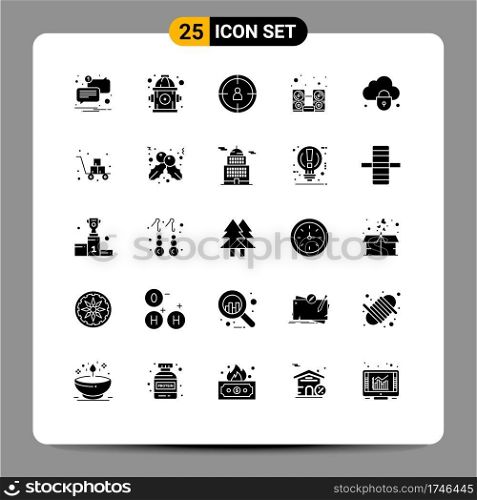 Group of 25 Solid Glyphs Signs and Symbols for security, cloud, target, internet, music Editable Vector Design Elements