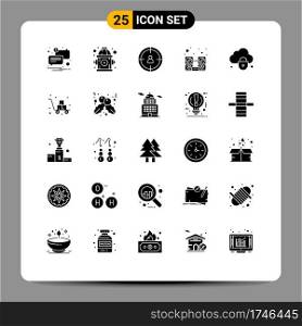 Group of 25 Solid Glyphs Signs and Symbols for security, cloud, target, internet, music Editable Vector Design Elements