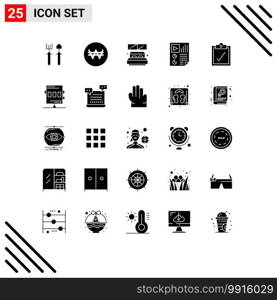 Group of 25 Solid Glyphs Signs and Symbols for task, video, hotel, report, document Editable Vector Design Elements