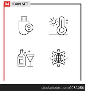Group of 4 Filledline Flat Colors Signs and Symbols for computers, drink, signal, sun, wine Editable Vector Design Elements