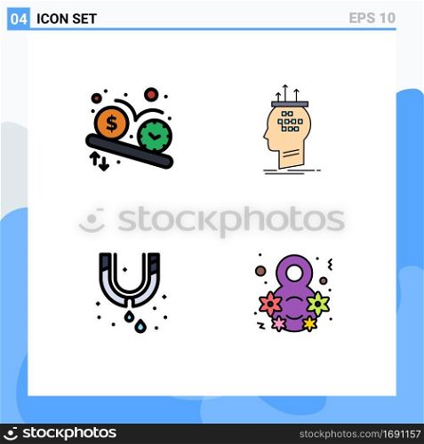 Group of 4 Filledline Flat Colors Signs and Symbols for deadline, thinking, time, brain, mechanical Editable Vector Design Elements