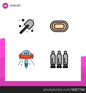 Group of 4 Filledline Flat Colors Signs and Symbols for digging, space, spade, racetrack, spaceship Editable Vector Design Elements