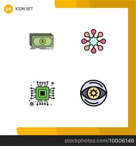 Group of 4 Filledline Flat Colors Signs and Symbols for money, micro, dollar, disease, eye Editable Vector Design Elements