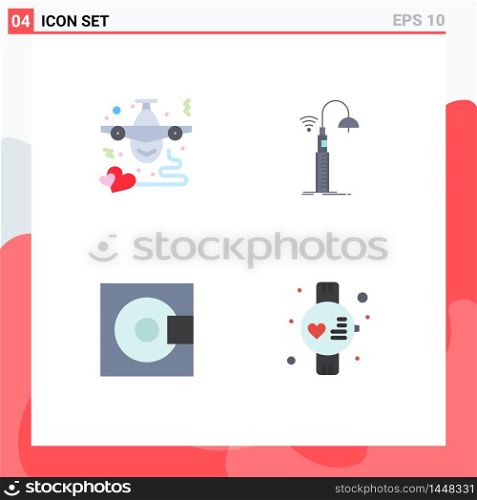 Group of 4 Flat Icons Signs and Symbols for airplane, technology, heart, street, electronics Editable Vector Design Elements