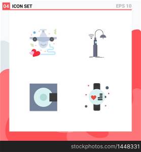 Group of 4 Flat Icons Signs and Symbols for airplane, technology, heart, street, electronics Editable Vector Design Elements