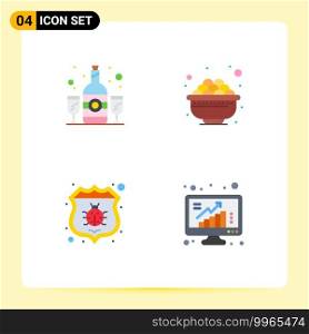 Group of 4 Flat Icons Signs and Symbols for bottle, bug, drink, food, security Editable Vector Design Elements
