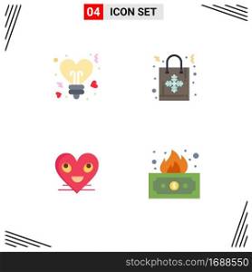 Group of 4 Flat Icons Signs and Symbols for bulb, emoji, valentines, gift, face Editable Vector Design Elements