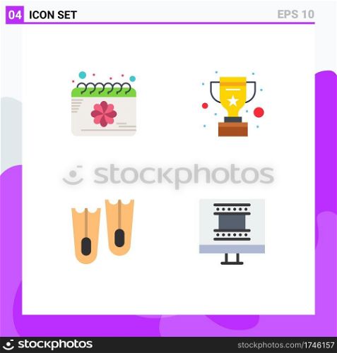Group of 4 Flat Icons Signs and Symbols for calendar, flippers, spring, win, digital photo frame Editable Vector Design Elements