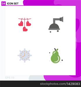 Group of 4 Flat Icons Signs and Symbols for heart, time, hanging, shower, timing Editable Vector Design Elements