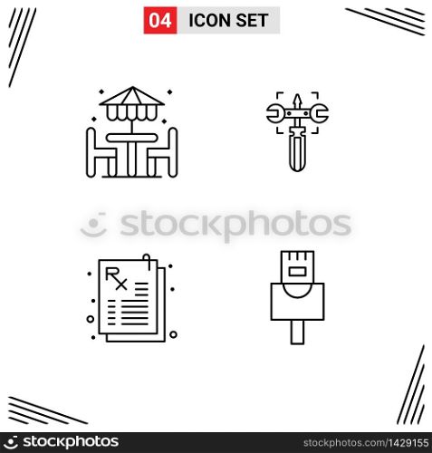 Group of 4 Modern Filledline Flat Colors Set for beach, pharmacy, furniture, wrench, cable Editable Vector Design Elements