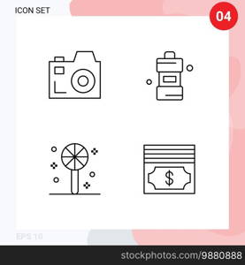 Group of 4 Modern Filledline Flat Colors Set for camera, holiday, bathroom, detergent, dollar Editable Vector Design Elements