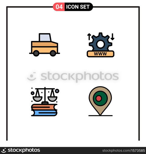 Group of 4 Modern Filledline Flat Colors Set for car, laws, internet, setting, location Editable Vector Design Elements