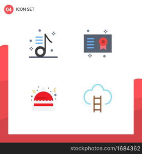 Group of 4 Modern Flat Icons Set for audio, diploma, note, award, hat Editable Vector Design Elements