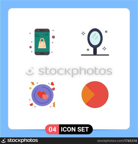 Group of 4 Modern Flat Icons Set for bag, love, online app, mirror, valentine Editable Vector Design Elements