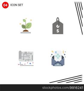Group of 4 Modern Flat Icons Set for plant, house, success, tag, plan Editable Vector Design Elements